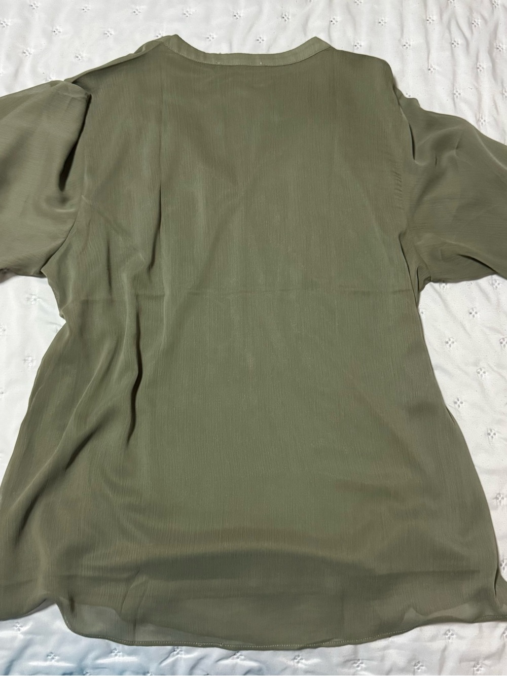 Olive Green Ruffle Trim V-Neck Women's Blouse - Picture 3 of 3